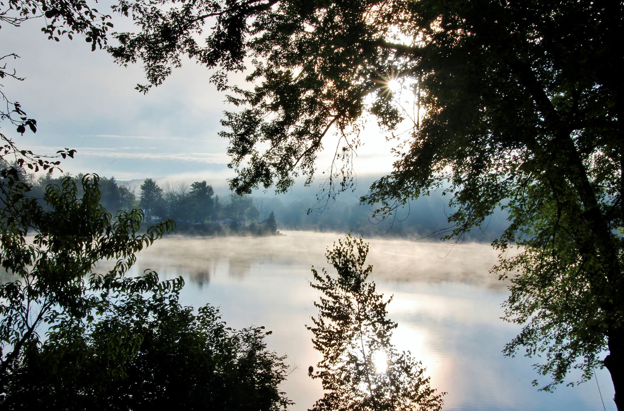 Picture taken by A. Foley of morning mist on Lake Moraine.