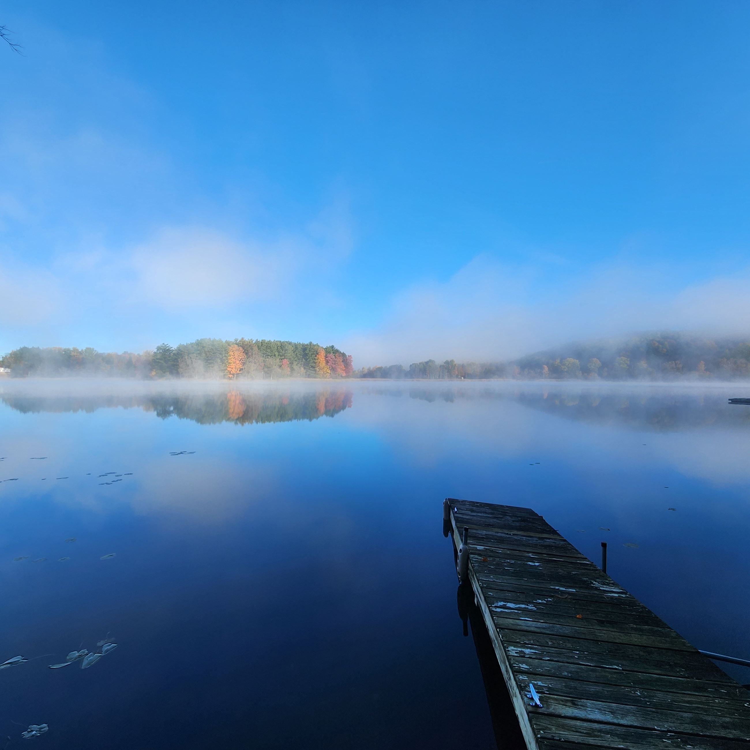 Picture taken by M. Lynch of a lake with mist in the morning and an old pier. 