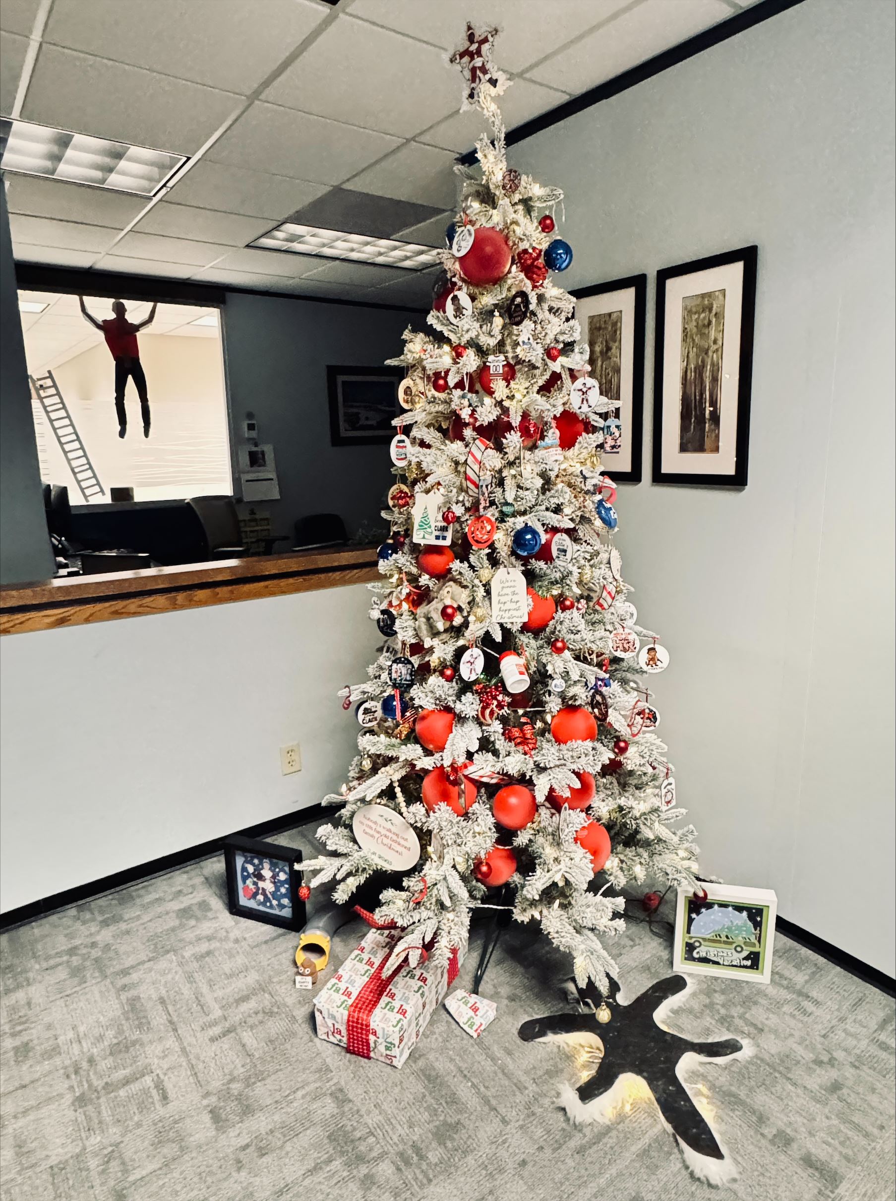 white christmas tree with red decorations
