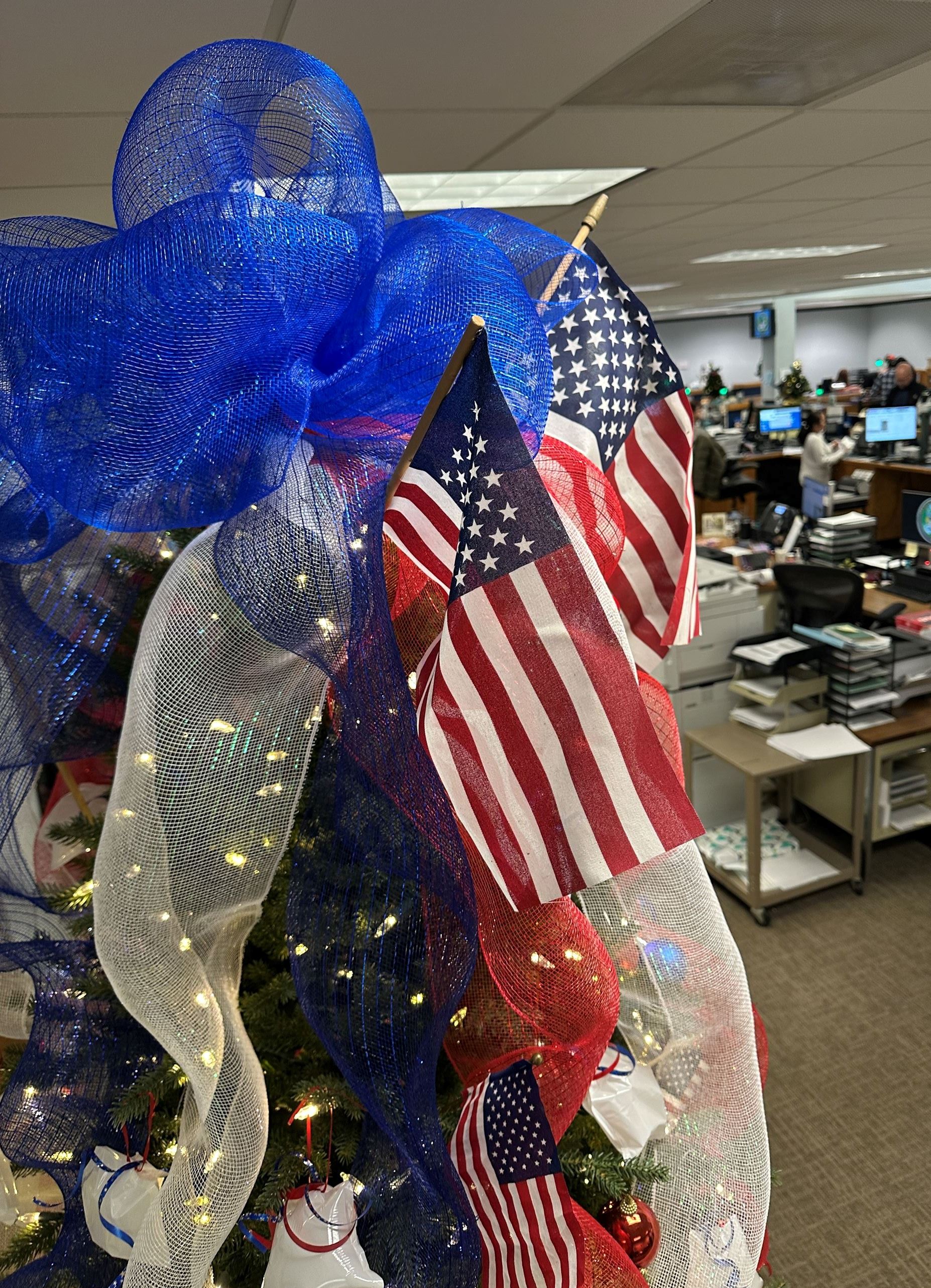 close up of Christmas tree with American flags