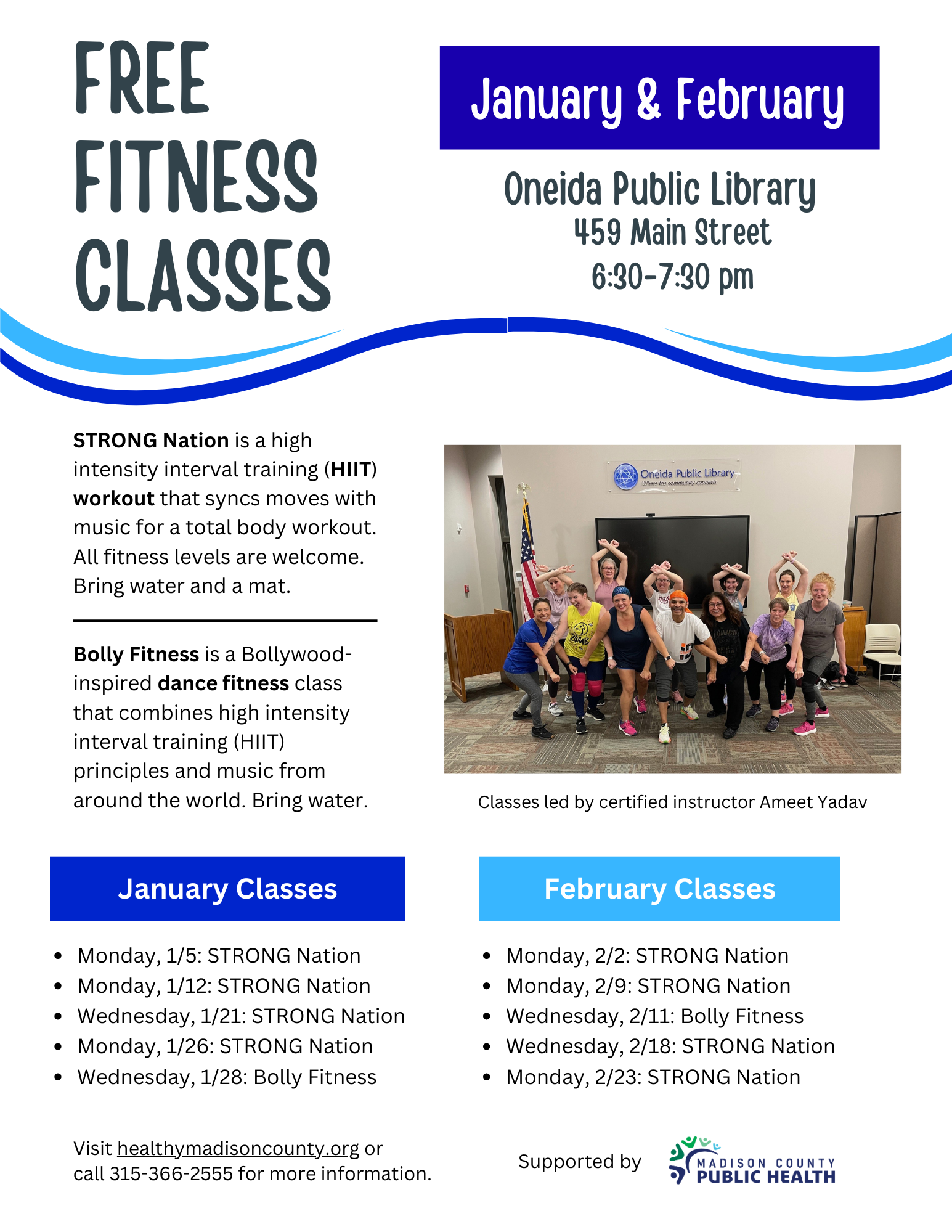 Flyer for free Fitness Classes at Oneida Public Library 