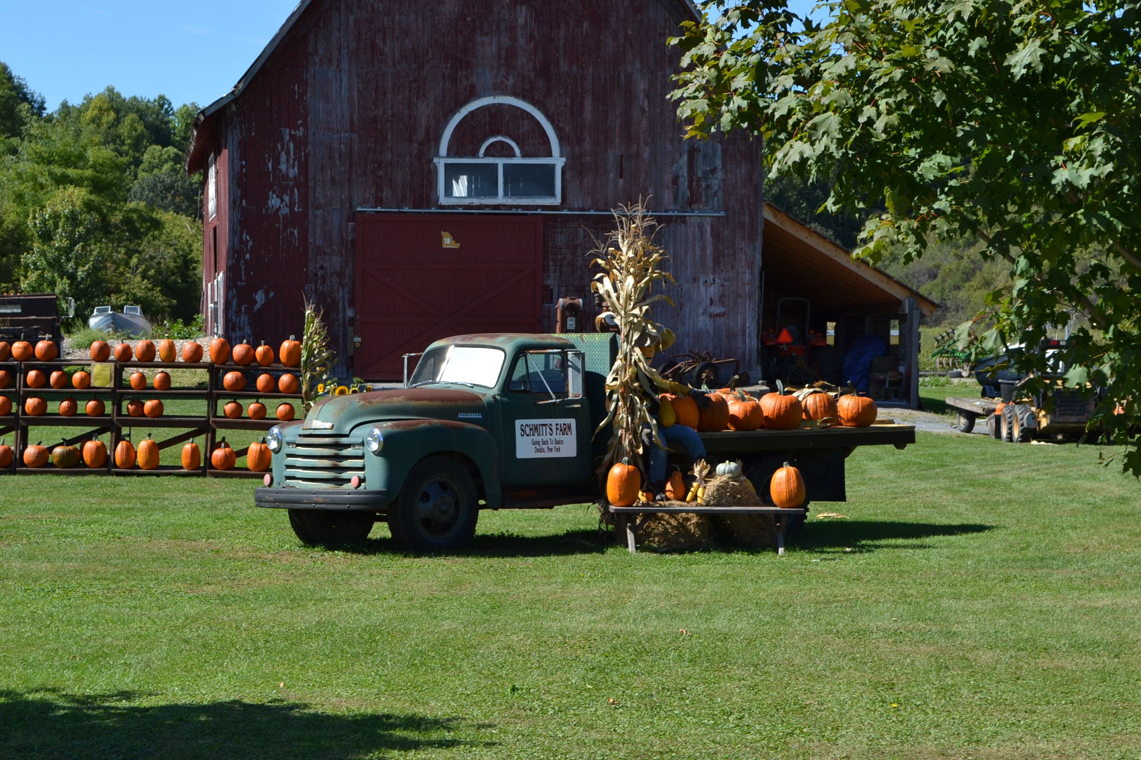 Photograph of a truck decorated with pumpkins and corn stalks, surrounded by additional pumpkins with a red barn in the background, taken by Robin Mead.