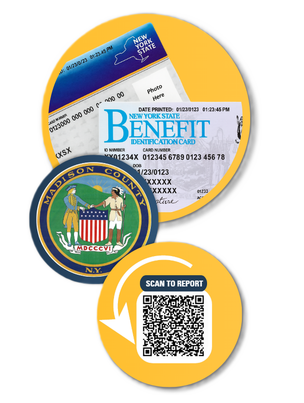Graphic with a New York State Medicaid benefit card and the Madison County seal above a circular ico
